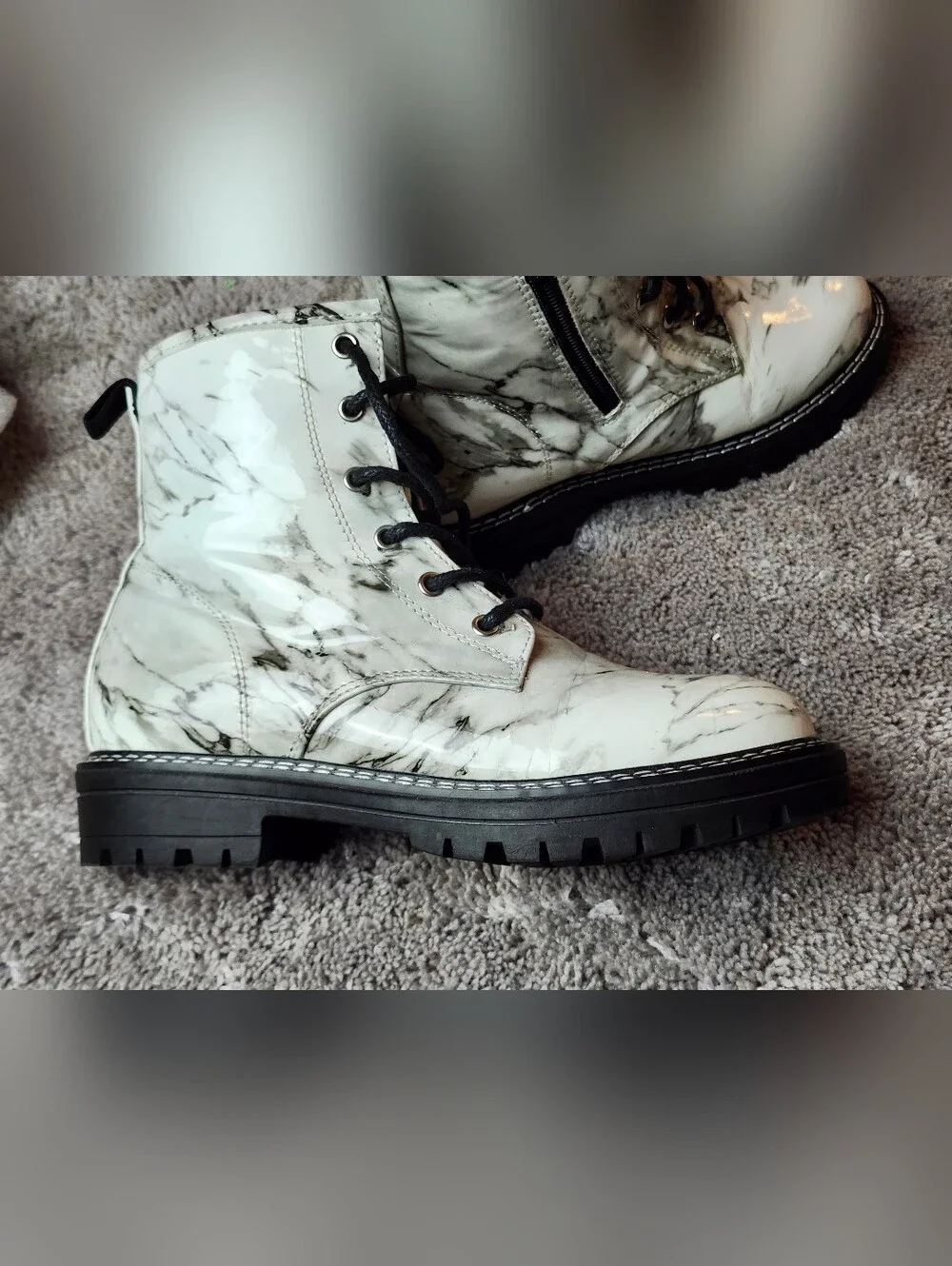 Kids MIA Marble-Print Lace-Up Combat Boots - White/Black